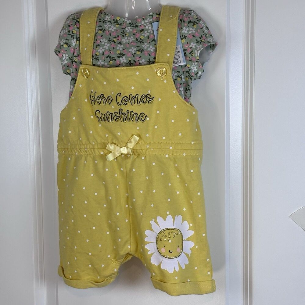 Quiltex Here Comes Sunshine Yellow Overall & Floral Carter T shirt 18 M summer